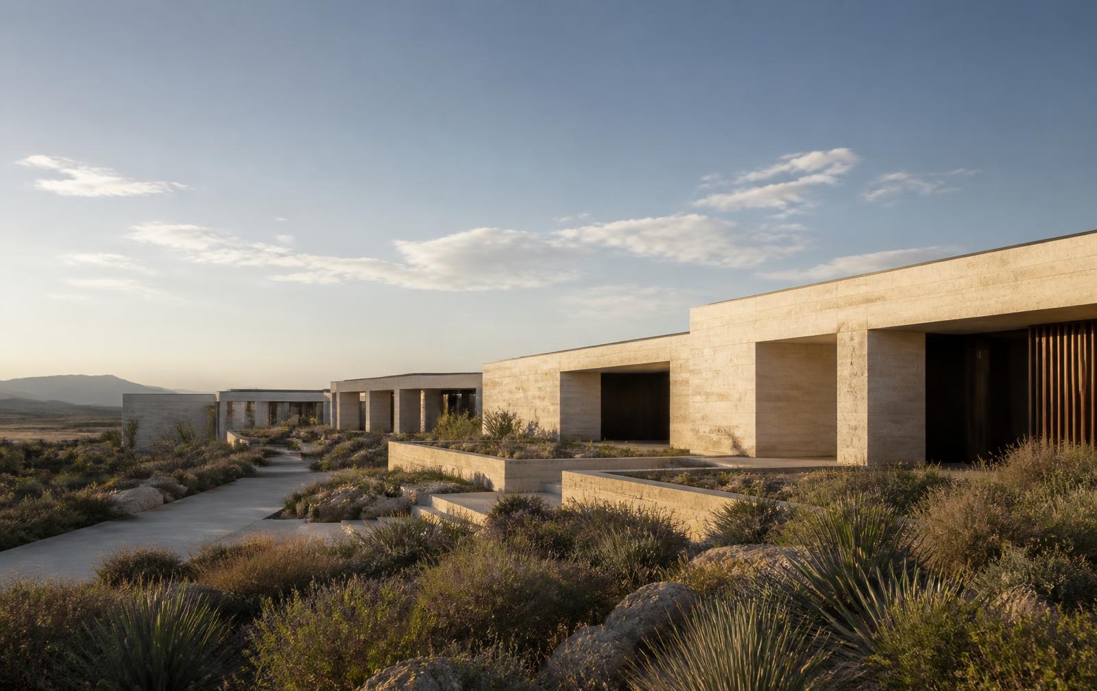 Volúmenes horizontales de piedra caliza y concreto integrados a un paisaje árido